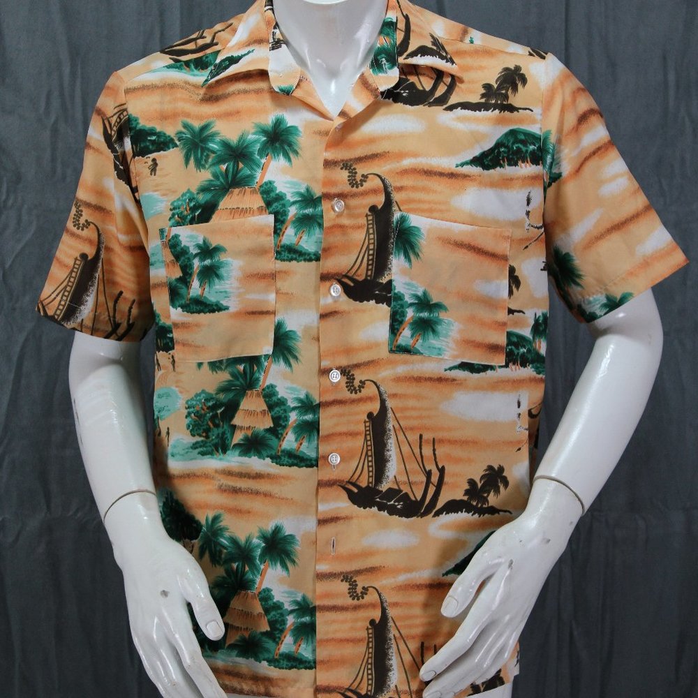Vintage Hawaiian Shirt - Island and Tribal Pattern by Van Cort - Men's Medium